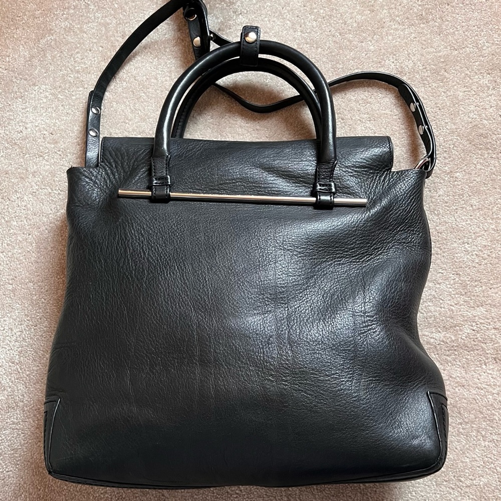 Jay Adoni Black Leather Magnetic Top Tote Crossbody Shoulder Bag